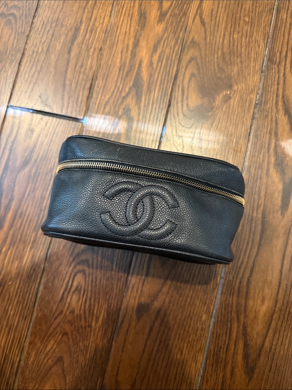 CHANEL Black Quilted CC Logo Travel Pouch with Gold Zip
